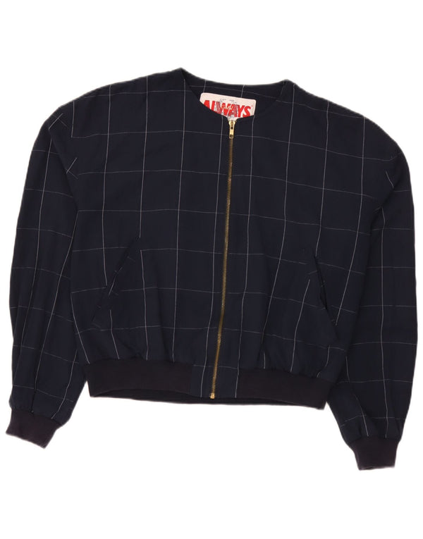 Vintage Womens Bomber Jacket IT 52 2XL Navy Blue Check Viscose