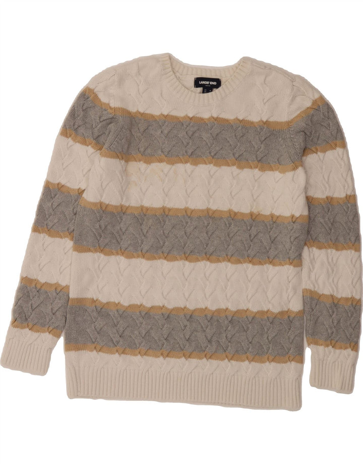 LANDS END Womens Crew Neck Jumper Sweater UK 14 Medium Off White Striped Vintage Lands End and Second-Hand Lands End from Messina Hembry 
