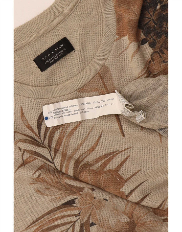 Zara Herre Grafisk T-Shirt Top XL Beige Floral Polyester