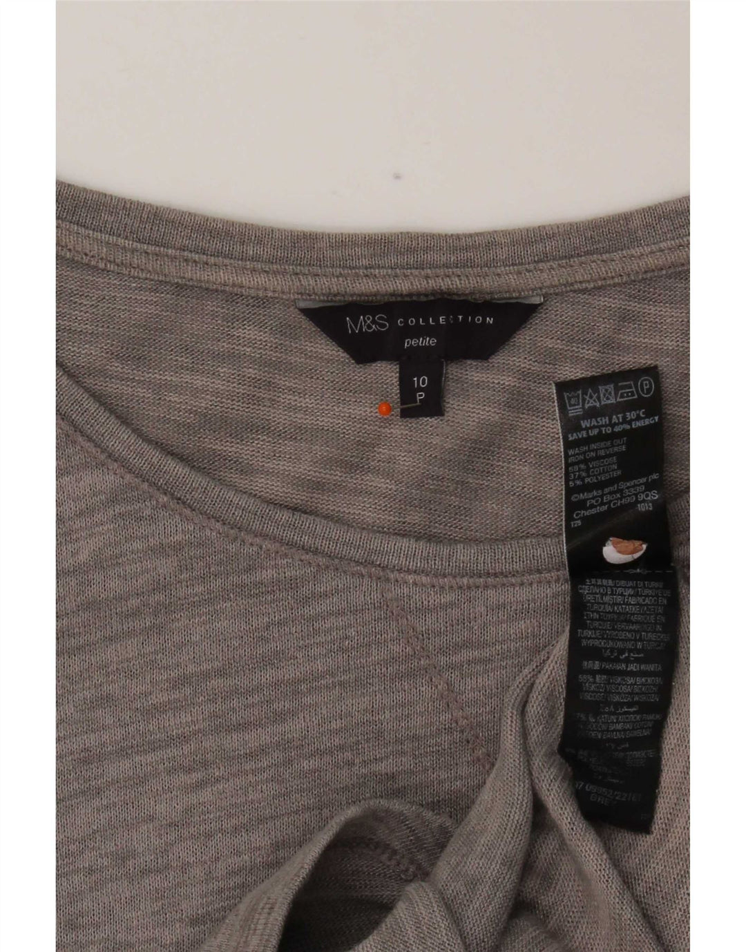 Marks & Spencer dametop 3/4 ærmer UK 10 lille grå flækket viskose