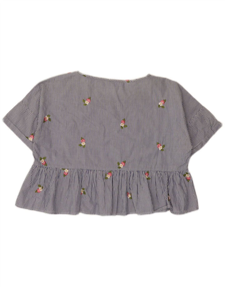 Zara Womens Oversized Crop Bluse Top UK 10 Small Blue Pinstripe Bomuld