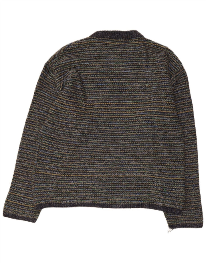 Vintage herre rund hals sweater stor flerfarvet nålestribet uld