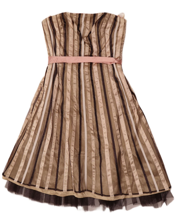 Debut Womens Strapless Dress UK 12 Medium Beige Striped Nylon
