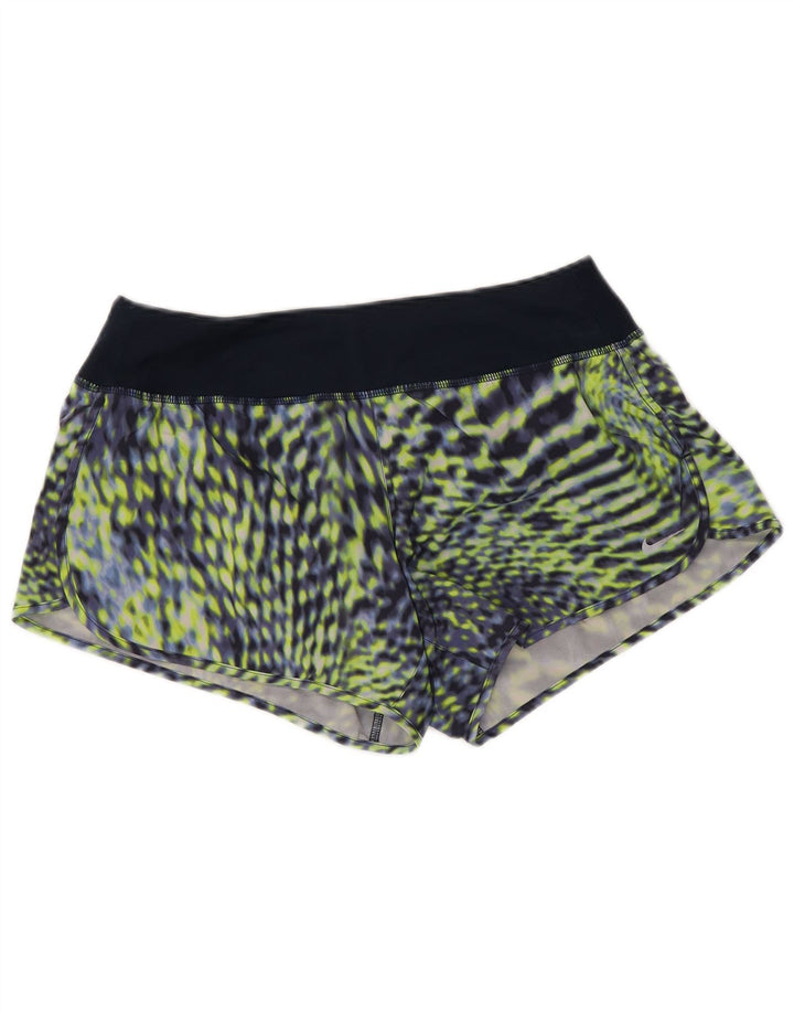 NIKE Dame Dri Fit sportsshorts med abstrakt mønster UK 14 Medium Navy Blue