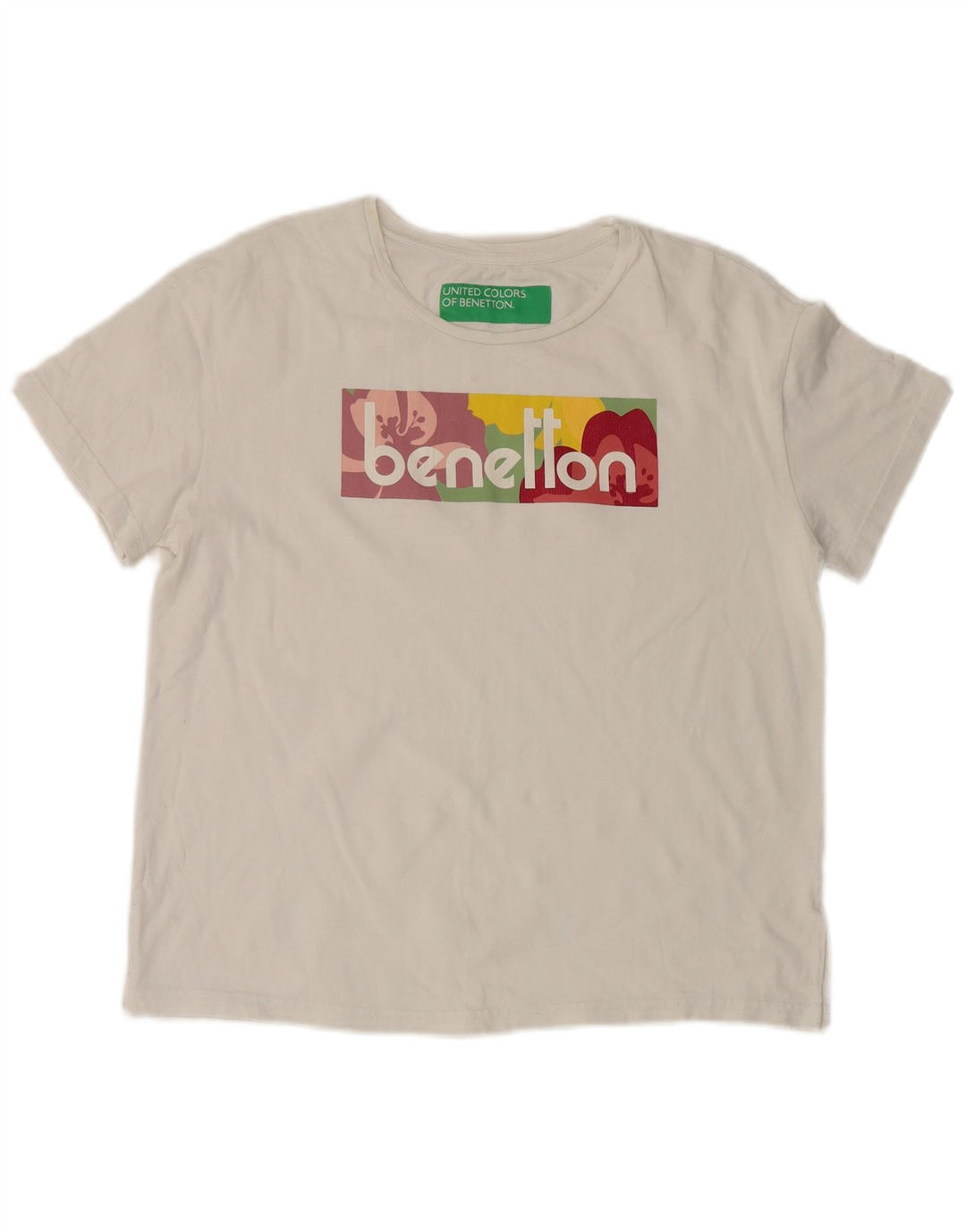 Benetton Dame Grafisk T-Shirt Top UK 14 Medium Hvid Bomuld