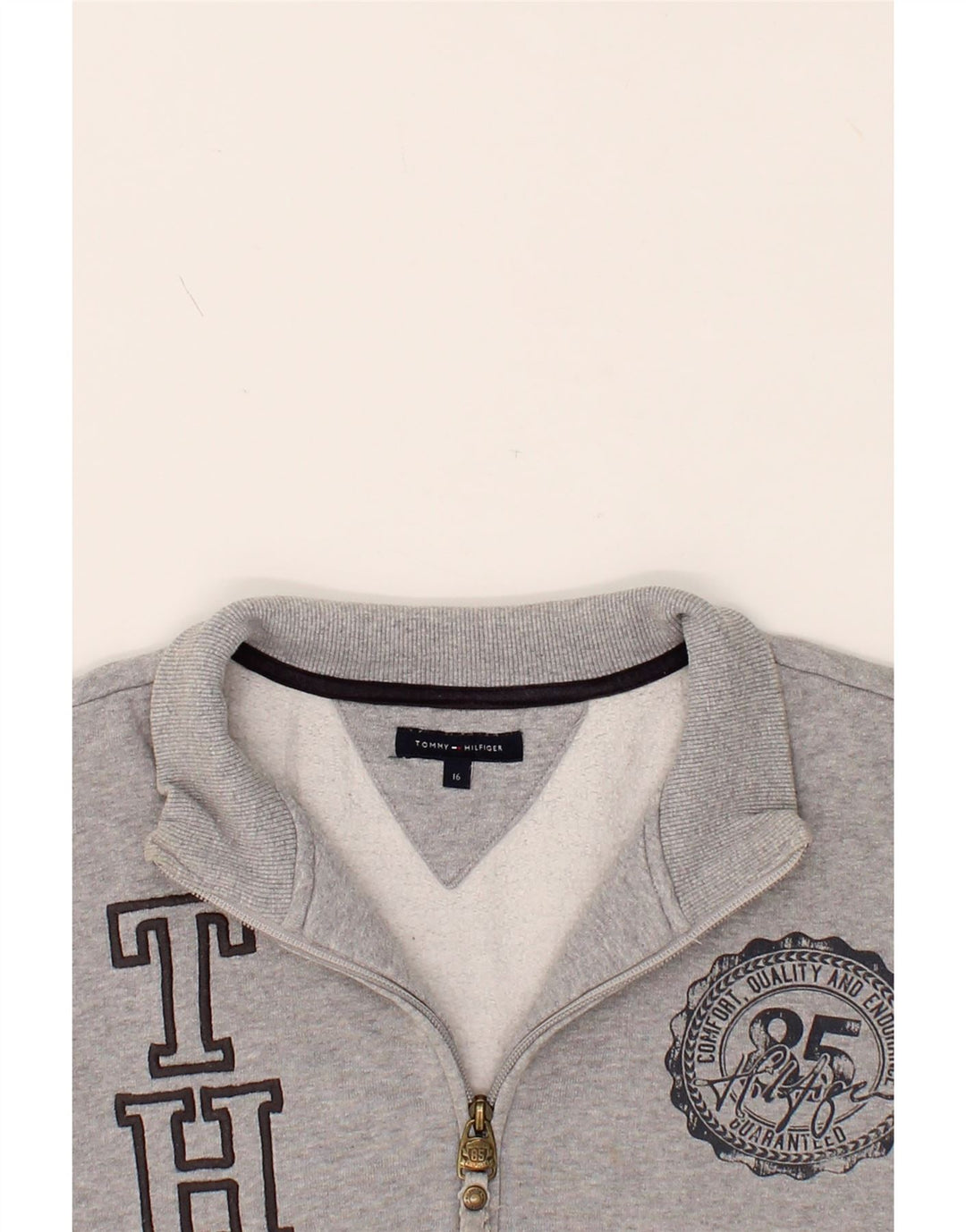 TOMMY HILFIGER Boys Graphic Tracksuit Top Jacket 15-16 Years Grey Cotton Vintage Tommy Hilfiger and Second-Hand Tommy Hilfiger from Messina Hembry 
