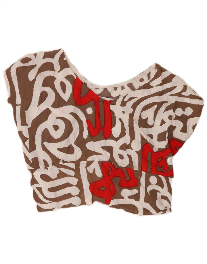 Vintage Womens Crop Bluse Top UK 16 Large Brown Geometric