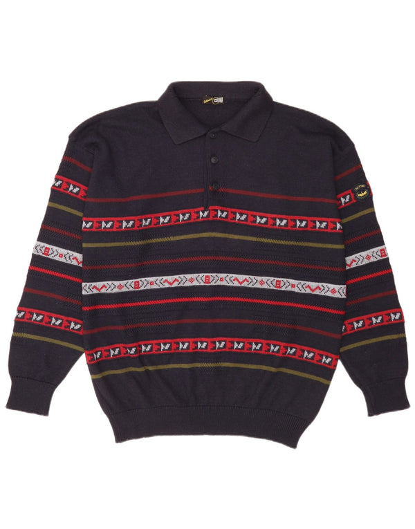 Vintage herre polo hals sweater XL marineblå stribet uld