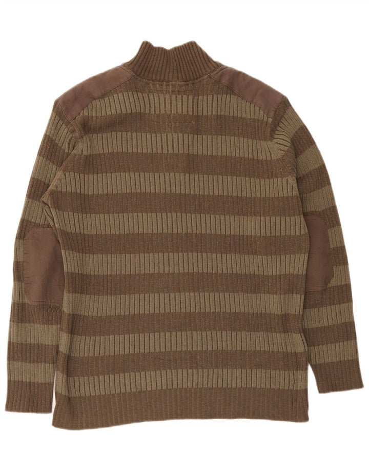 Vintage Herre Button Neck Jumper Sweater XL Brun Stribet
