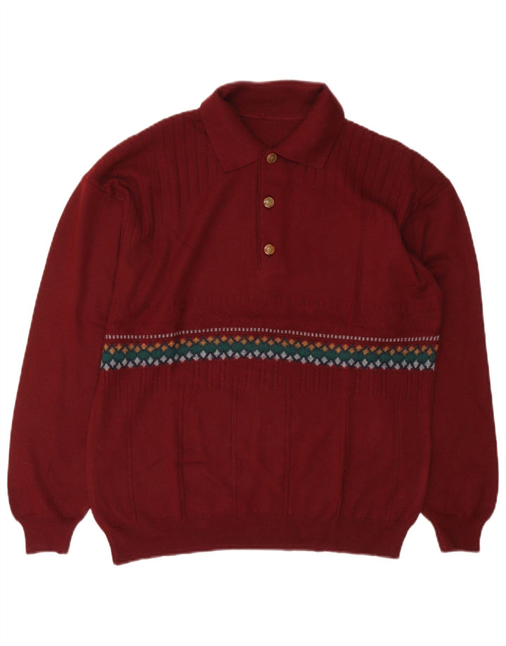 Vintage Herre Polo Neck Jumper Sweater Large Red Fair Isle