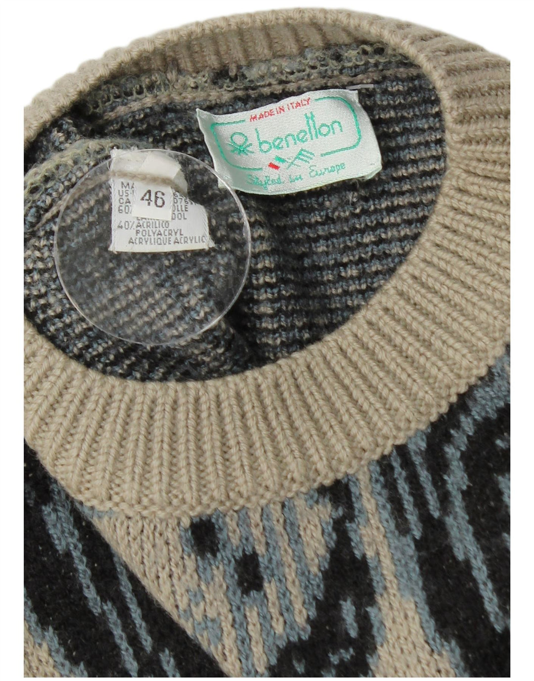 BENETTON Herre Longline Crew Neck Jumper Sweater IT 46 Large Grey Floral