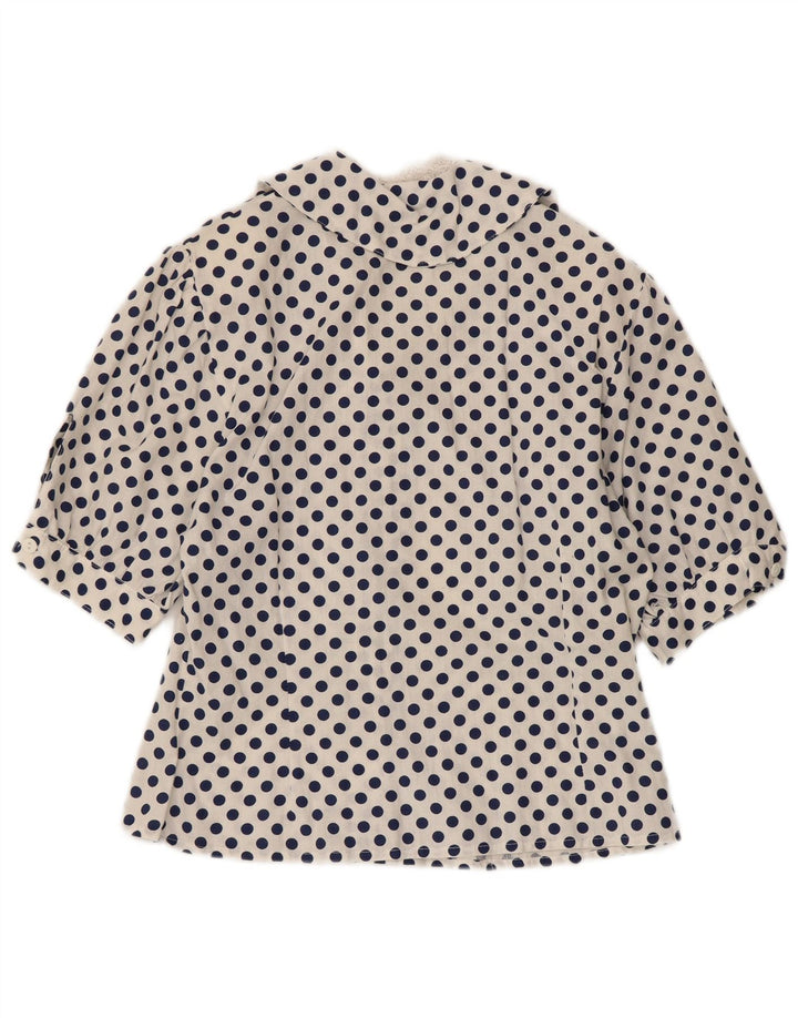 VINTAGE skjortebluse til kvinder med 1/2 ærmer UK 12 Medium White Polka Dot