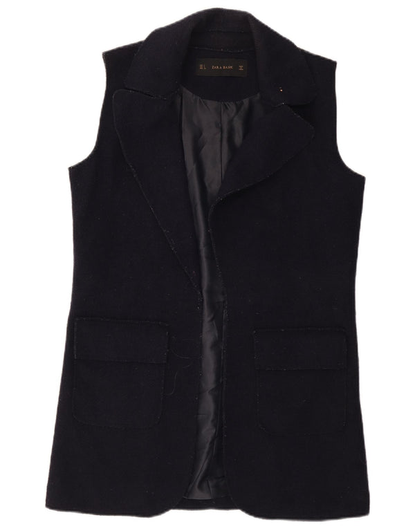 Zara Womens Longline Open Gilet UK 10 Small Navy Blue Wool