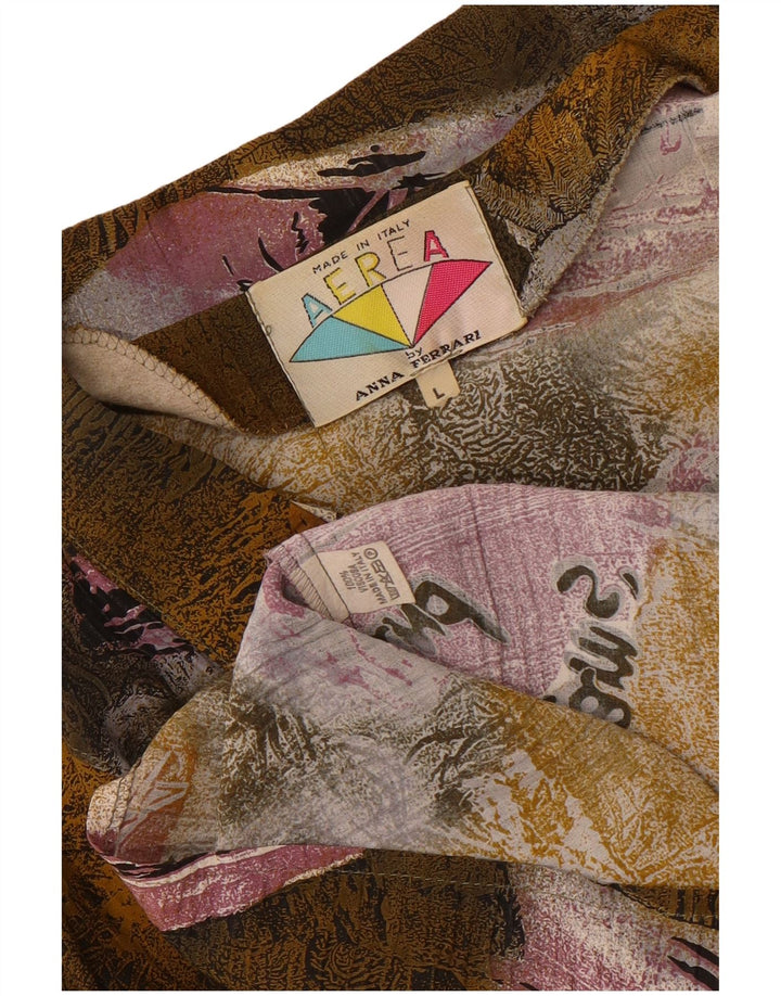 Vintage kvinders grafisk skjortebluse UK 16 Large Khaki Patchwork