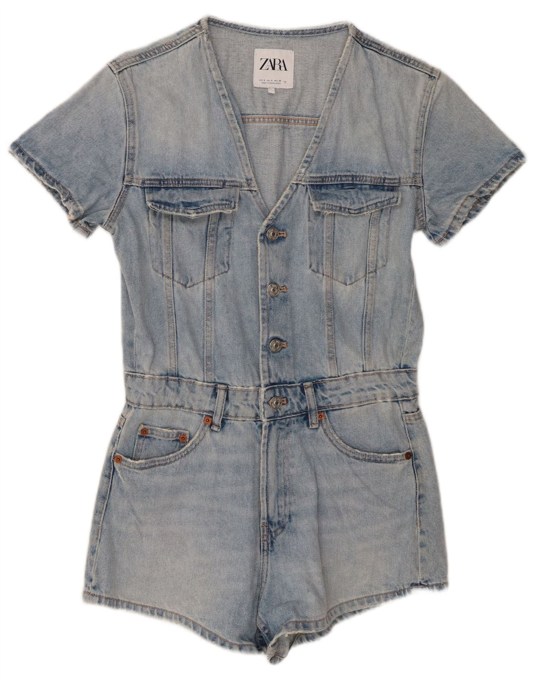 Zara Dame Distressed Denim Playsuit UK 10 Small Blue Cotton
