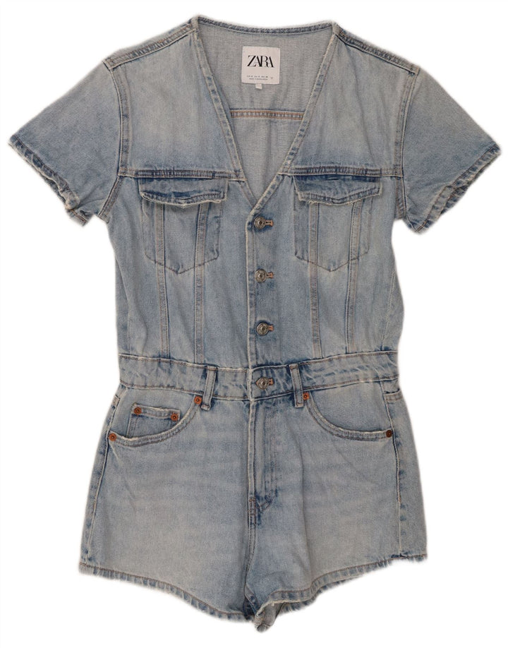 Zara Dame Distressed Denim Playsuit UK 10 Small Blue Cotton