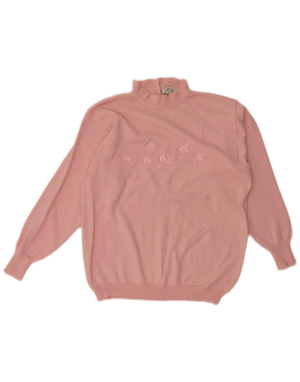 Vintage Dame Turtle Neck Jumper Sweater UK 12 Medium Pink Floral Retro