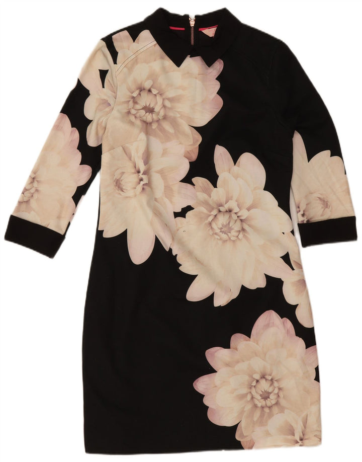 Ted Baker Dame 3/4 Ærmet Skede Kjole Størrelse 3 Medium Sort Blomster