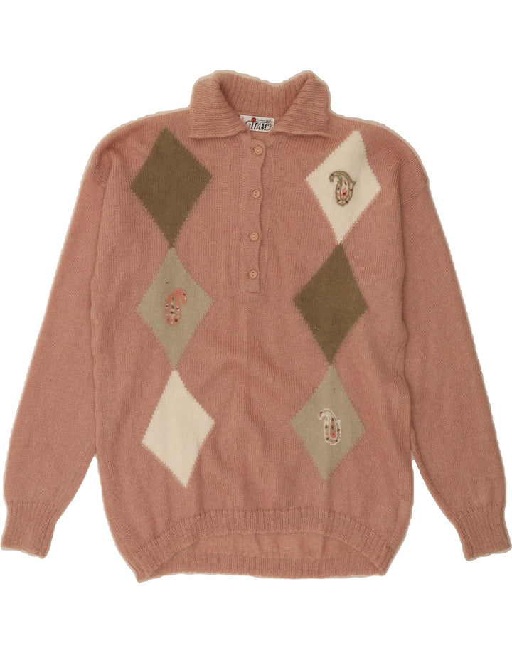 GITAM Womens Polo Neck Jumper Sweater UK 16 Large Pink Argyle/Diamond Vintage Gitam and Second-Hand Gitam from Messina Hembry 