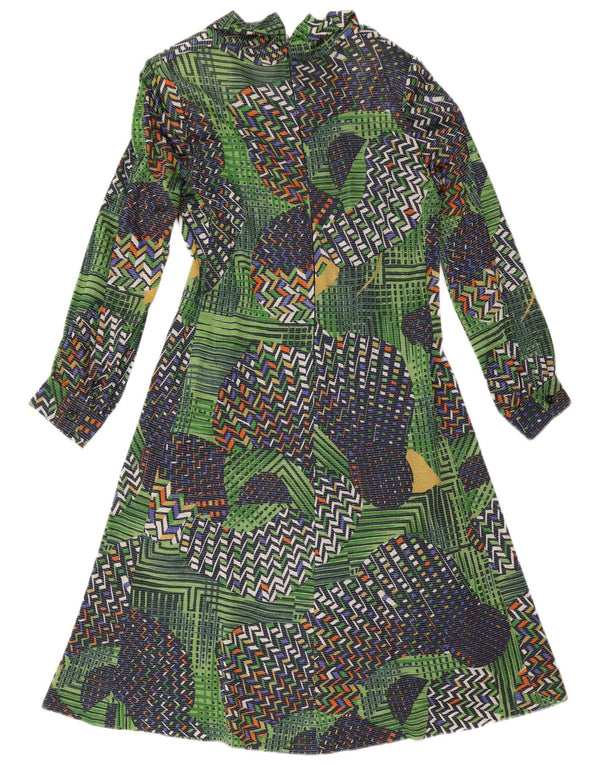 Vintage Dame Langærmet A-Line Kjole UK 14 Medium Green Patchwork