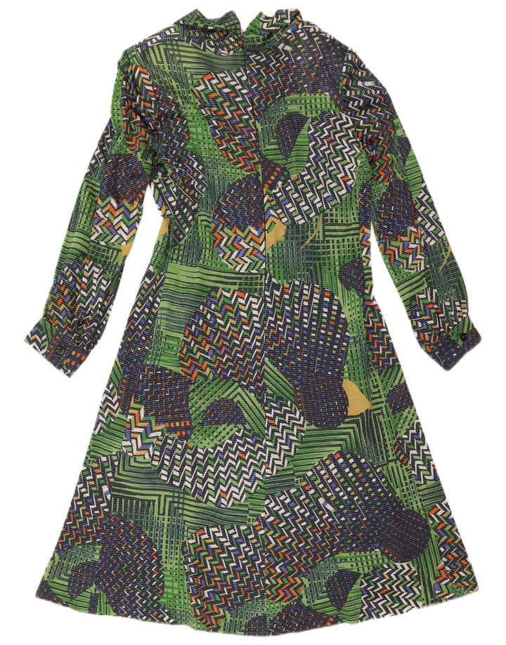 Vintage Dame Langærmet A-Line Kjole UK 14 Medium Green Patchwork
