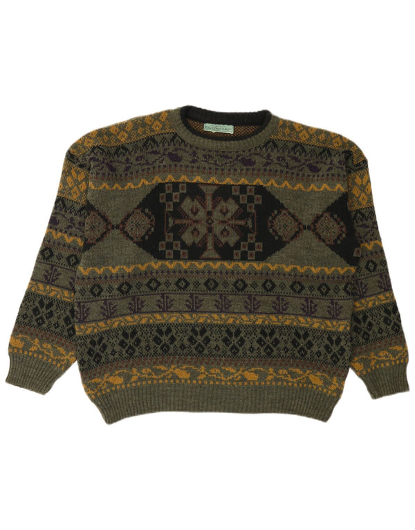 C.C.Concord Herre Boat Neck Jumper Sweater Large Green Fair Isle Akryl