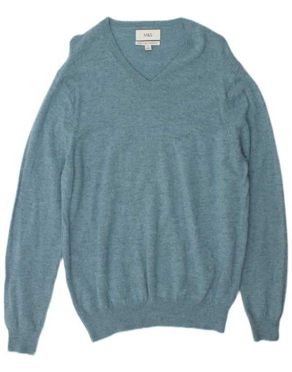 Marks & Spencer Herre V-hals sweater XL Blå Flecked Lammeuld