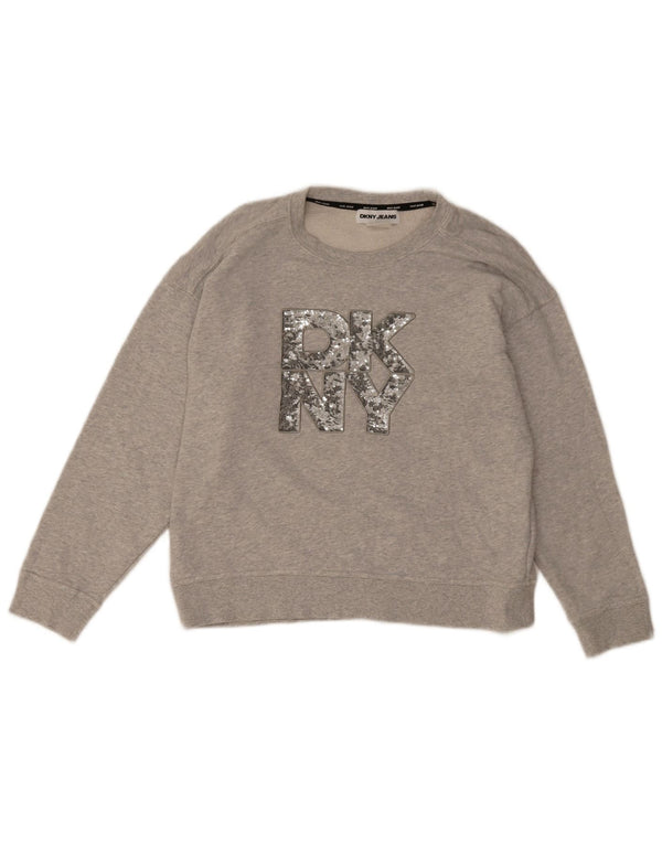 Dkny Womens Graphic Loose Fit Sweatshirt Jumper UK 14 Medium Grey Cotton