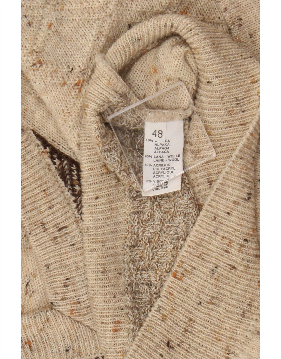 Vintage Herre V-hals sweater IT 48 Medium Beige Colourblock Uld