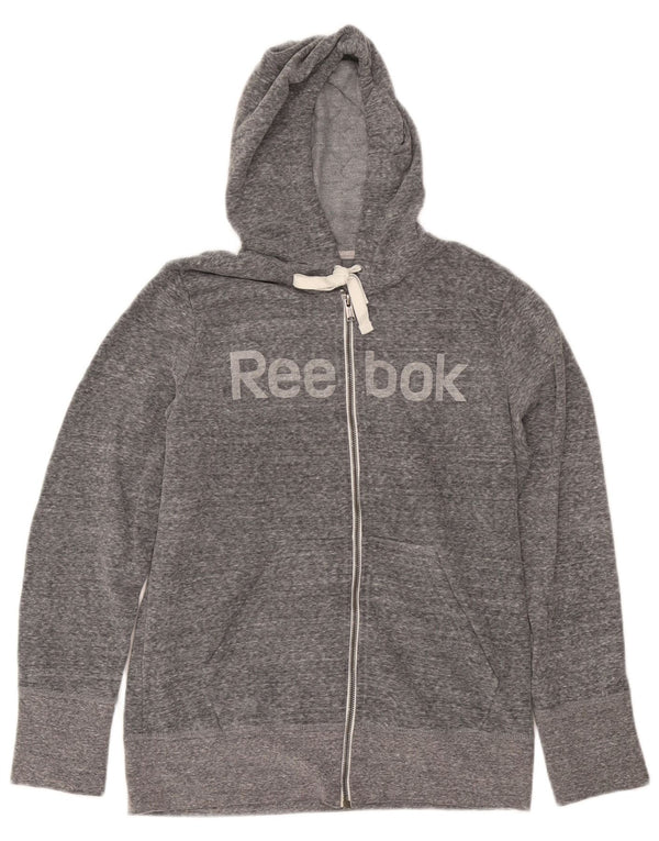 Reebok, grafisk hættetrøje med lynlås til kvinder, UK 14, stor, grå flækket bomuld