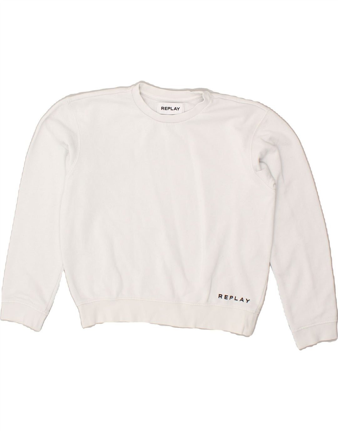 REPLAY Womens Oversized Crop Graphic Sweatshirt Jumper UK 10 Small White Vintage Replay and Second-Hand Replay from Messina Hembry 