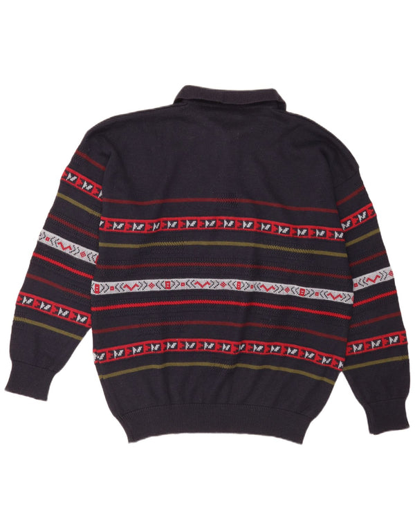 Vintage herre polo hals sweater XL marineblå stribet uld