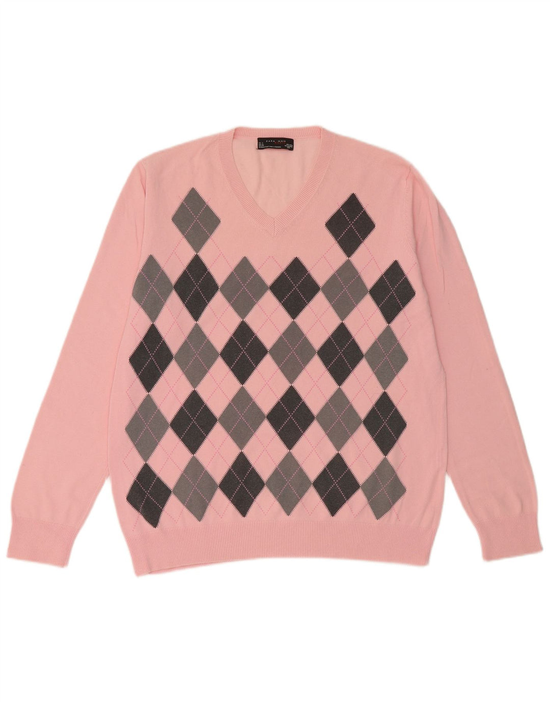 Zara Herre V-hals sweater Stor Pink Argyle/Diamant Bomuld