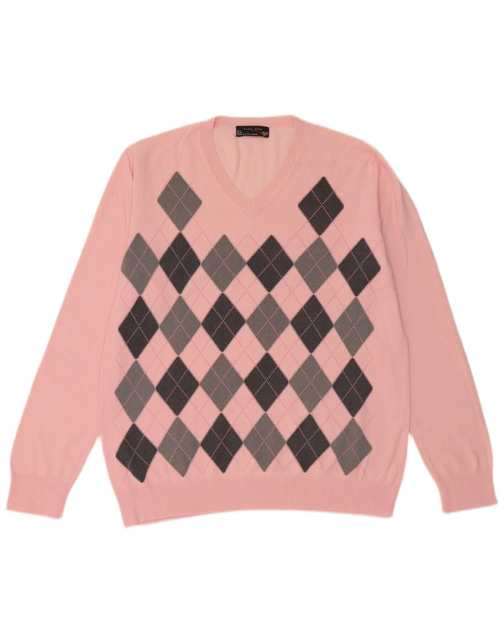 Zara Herre V-hals sweater Stor Pink Argyle/Diamant Bomuld