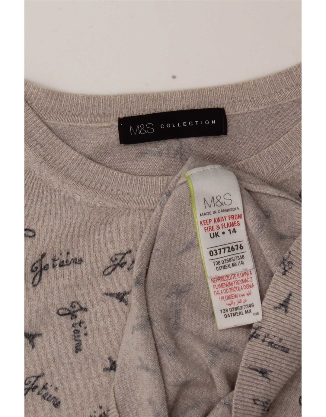 Marks & Spencer Dame Grafisk Boat Neck Jumper Sweater UK 14 Medium Grey