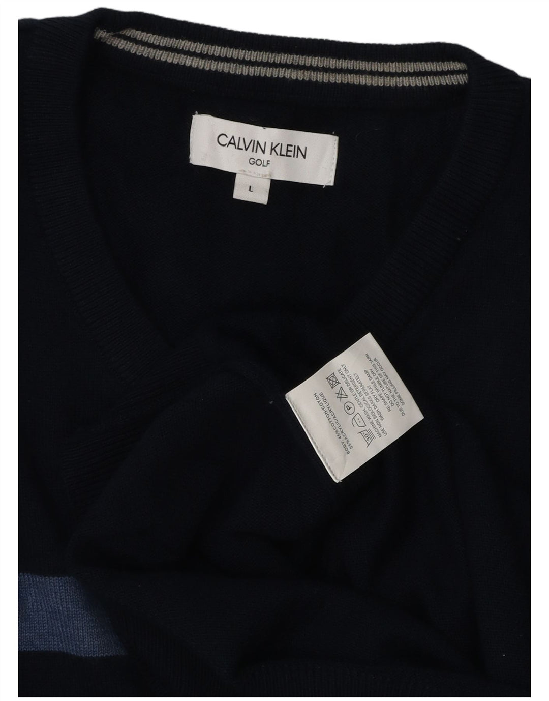 CALVIN KLEIN Mens Golf V-Neck Jumper Sweater Large Navy Blue Striped