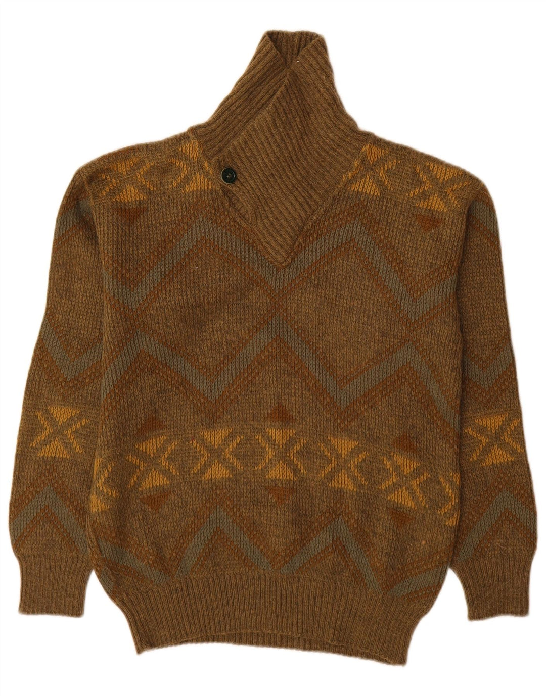 Vintage Herre Sjal Hals Jumper Sweater IT 48 Medium Khaki Geometrisk