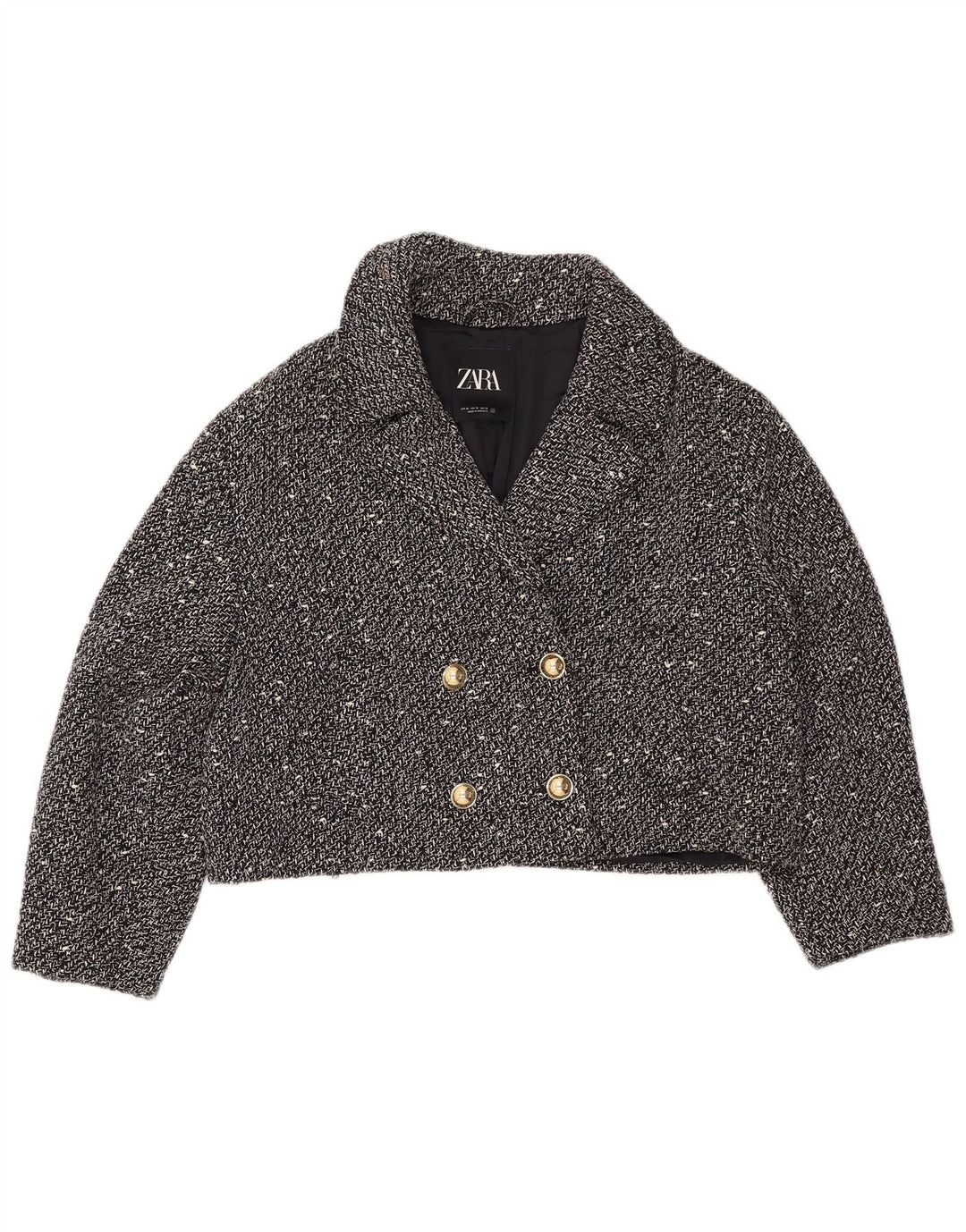 ZARA Dame Oversized Crop Blazer Jacket UK 18 XL Sort Flecked