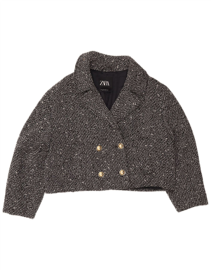 ZARA Dame Oversized Crop Blazer Jacket UK 18 XL Sort Flecked