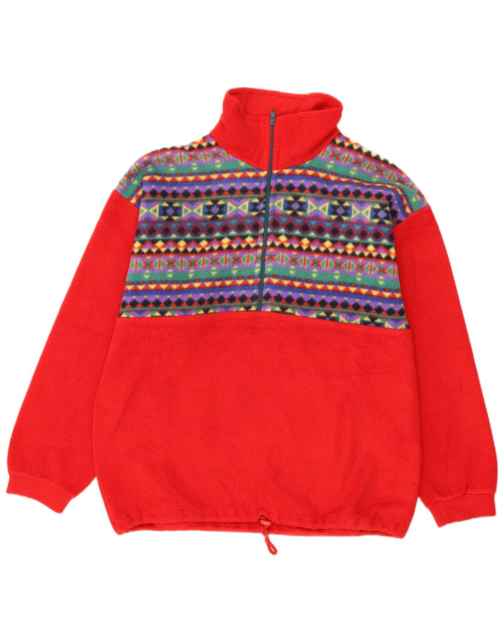 Vintage herre lynlås-hals fleece jumper medium rød geometrisk polyester