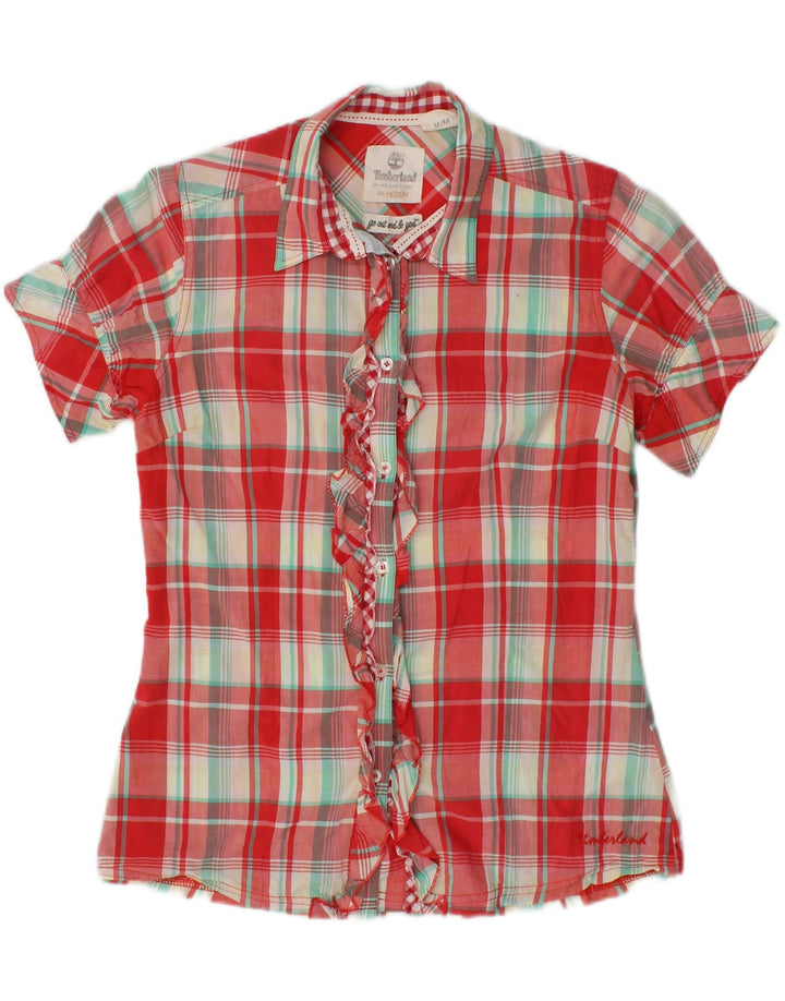 TIMBERLAND Womens Ruffle Front Short Sleeve Shirt UK 14 Medium Red Check