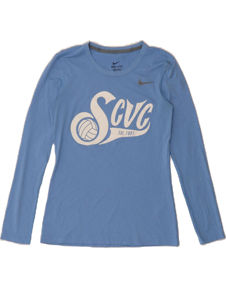 NIKE Womens Dri Fit Graphic Top Long Sleeve UK 10 Small Blue Polyester Vintage Nike and Second-Hand Nike from Messina Hembry 