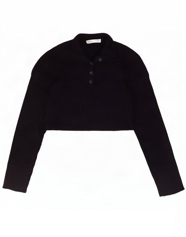 Zara Womens Crop Button Neck Jumper Sweater UK 10 Small Navy Blue Cotton