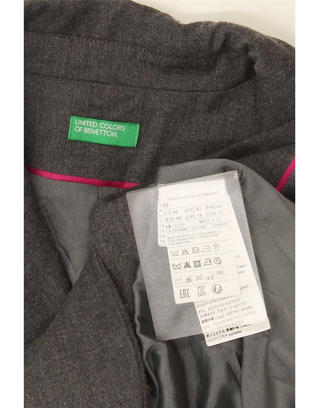Benetton Dame 2 Button Blazer Jacket UK 16 Large Grey Uld