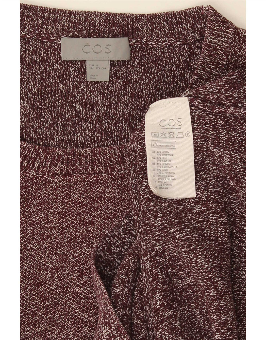 Cos Herre Crew Neck Jumper Sweater Medium Bourgogne Flecked Linen