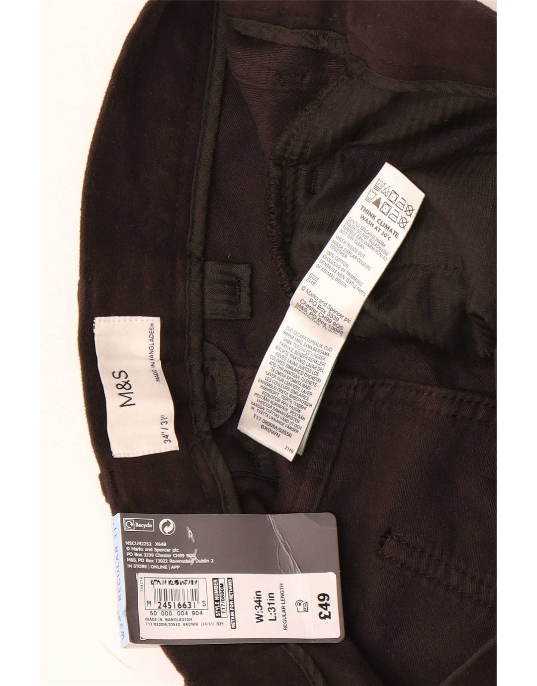 Marks & Spencer Herre Lige Regular Fit Casual Bukser W34 L31 Brun