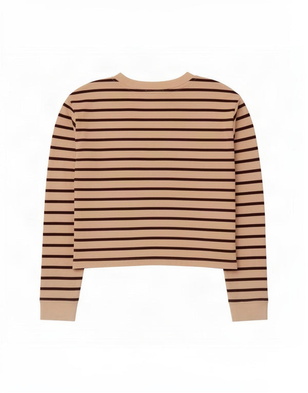Zara Womens Crop Top Langærmet UK 14 Medium Beige Stribet Bomuld