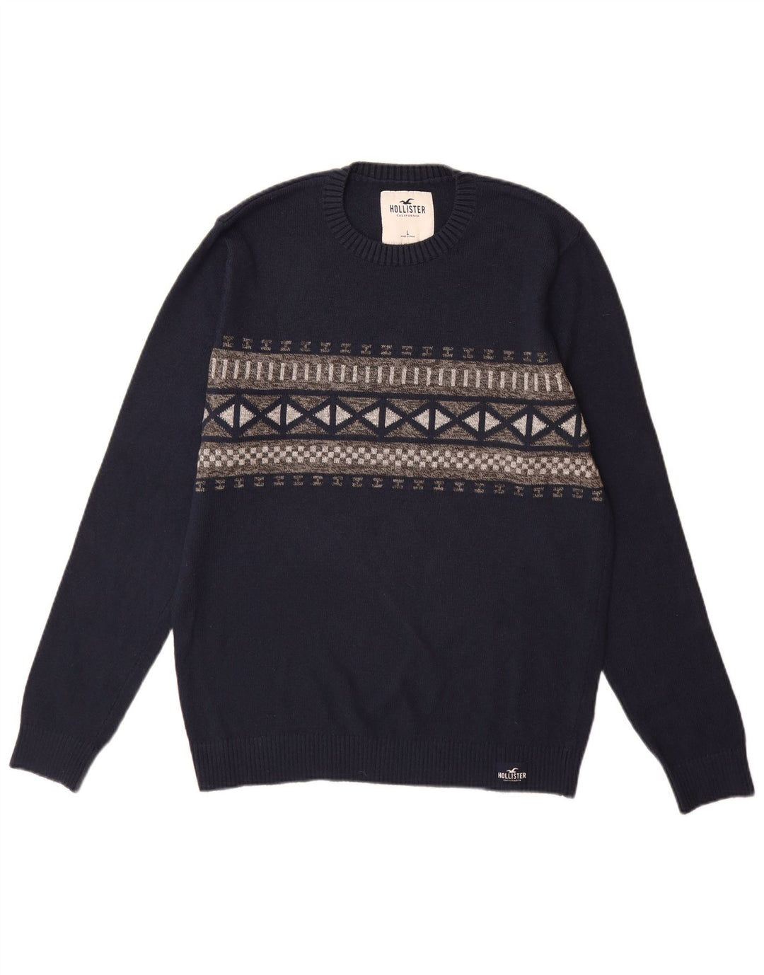 Hollister Herre Crew Neck Jumper Sweater Large Navy Blue Argyle/Diamond