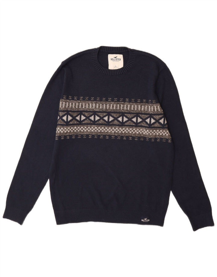 Hollister Herre Crew Neck Jumper Sweater Large Navy Blue Argyle/Diamond