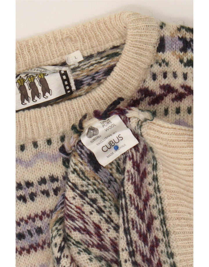Cubus Herre Crew Neck Jumper Sweater Large Beige Fair Isle Wool